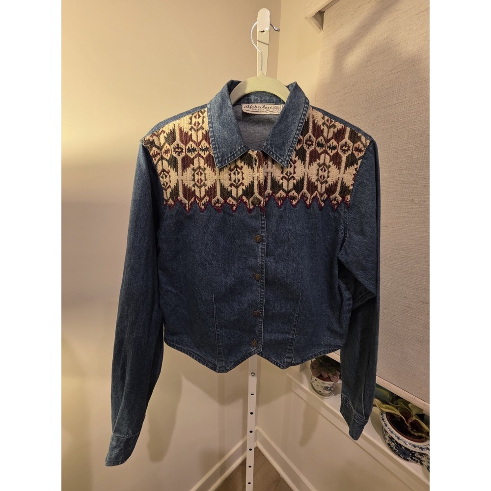 Vtg 90s Adobe Rose Western Denim Jacket L Aztec Tapestry Cropped Star Buttons
